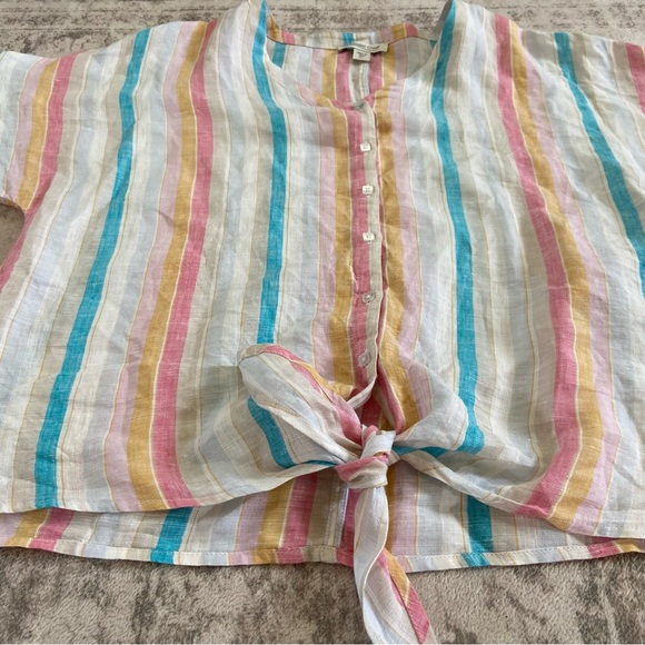Coldwater Creek Multicolor Striped Button-Up Tie Front Linen Blouse Large Petite - Picture 4 of 11